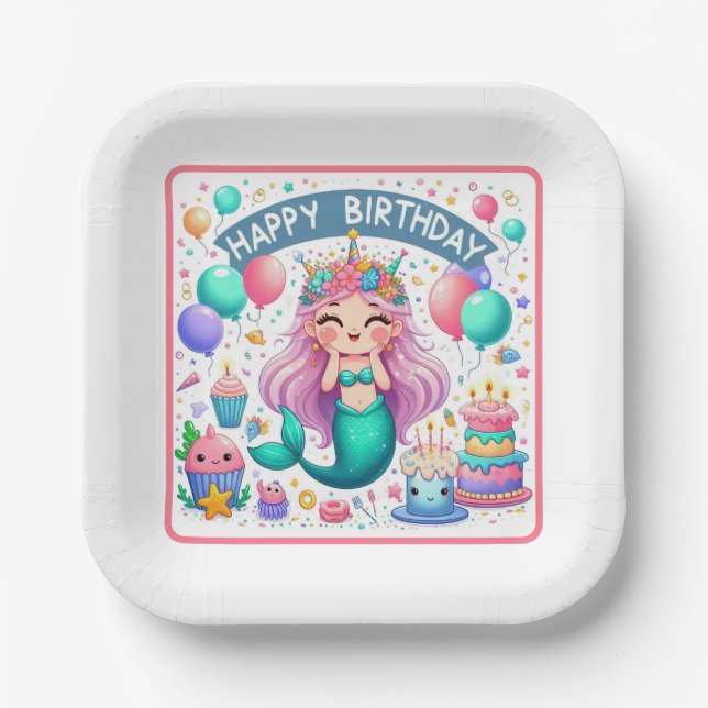 Happy Birthday Mermaid Pappteller (Vorderseite)