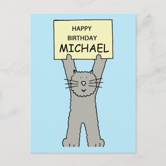 Happy Birthday Michael Cartoon Gray Cat Postkarte (Vorderseite)