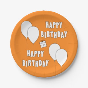 Happy Birthday mit Balloons Orange Hintergrund Pappteller