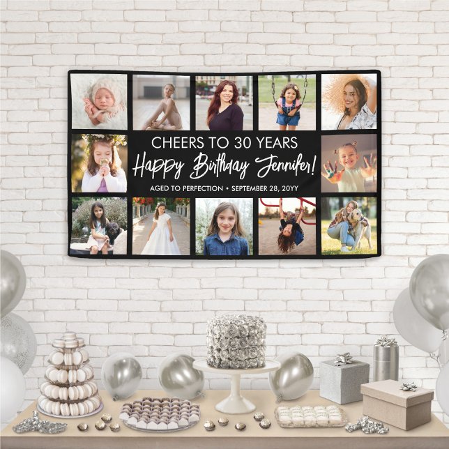 Happy Birthday Modern Foto Collage Black & White Banner (Von Creator hochgeladen)