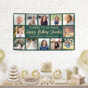 Happy Birthday Modern Foto Collage Green und Gold Banner