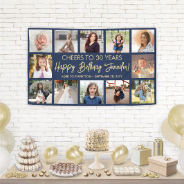 Happy Birthday Modern Foto Collage Navy Blue Gold Banner