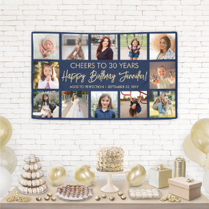 Happy Birthday Modern Foto Collage Navy Blue Gold Banner