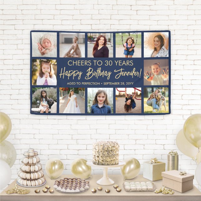 Happy Birthday Modern Foto Collage Navy Blue Gold Banner (Von Creator hochgeladen)