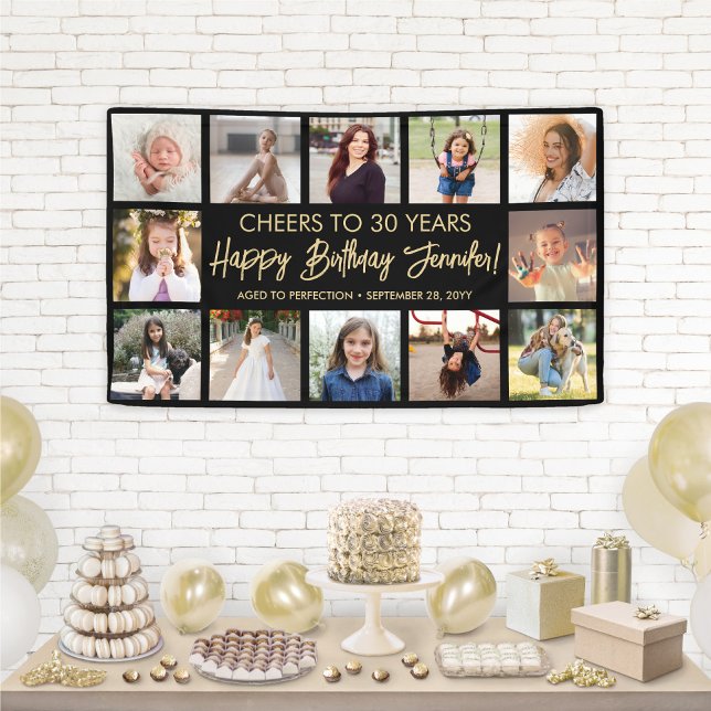 Happy Birthday Modern Foto Collage Schwarz und Gol Banner (Von Creator hochgeladen)