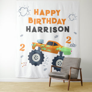 Happy Birthday Modern Monster Car Trucks Name Wandteppich