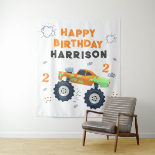 Happy Birthday Modern Monster Car Trucks Name Wandteppich