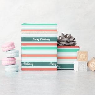 Happy Birthday Modern Peach Aqua Stripe Gemustert Geschenkpapier