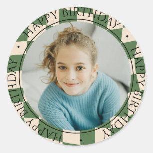 Happy Birthday Modern Retro farbiges Foto Blau Runder Aufkleber