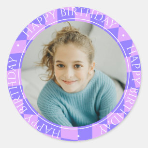 Happy Birthday Modern Retro Farbiges Foto Lila Runder Aufkleber