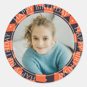Happy Birthday Modern Retro Farbiges Foto Orange Runder Aufkleber