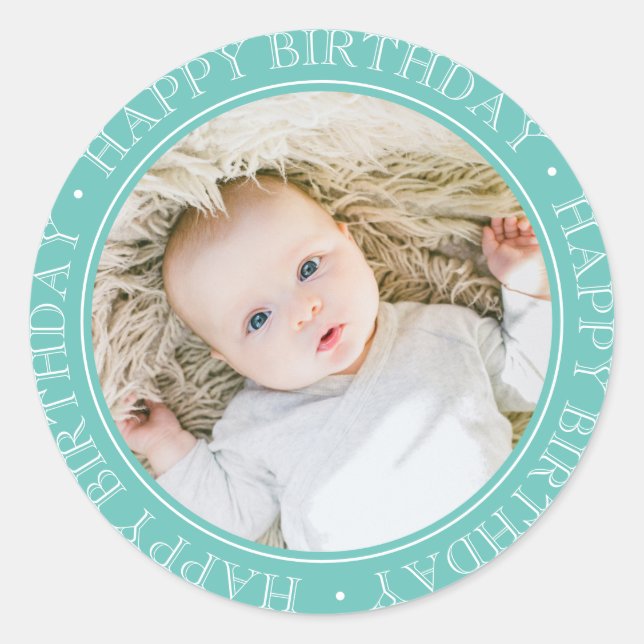 Happy Birthday Modern Simple Elegante Custom Foto Runder Aufkleber (Vorderseite)