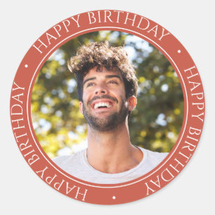Happy Birthday Modern Simple Elegante Foto Brown Runder Aufkleber