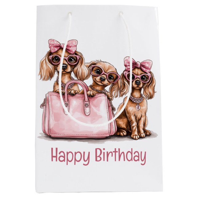 Happy Birthday modische Dackel Hunde Mittlere Geschenktüte (Vorderseite)