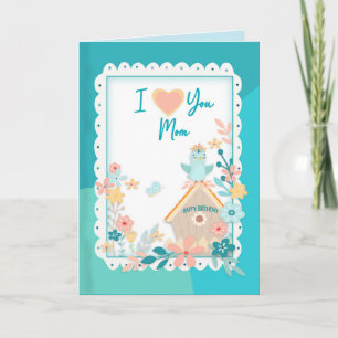 Happy Birthday, MOM, Watercolor Birds and Flowers Karte