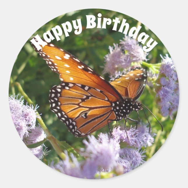 Happy Birthday Monarch Butterfly Foto Floral Runder Aufkleber (Vorderseite)