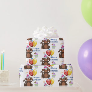 Happy Birthday Monkey and Balloons Party Geschenkpapier