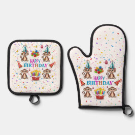 Happy Birthday Monkey Oven Mitt and Pot Holder Ofenhandschuh & Topflappen-Set
