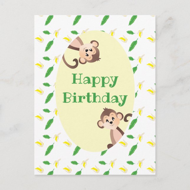 Happy Birthday Monkey Tropical Leaf Banana Peels Postkarte (Vorderseite)