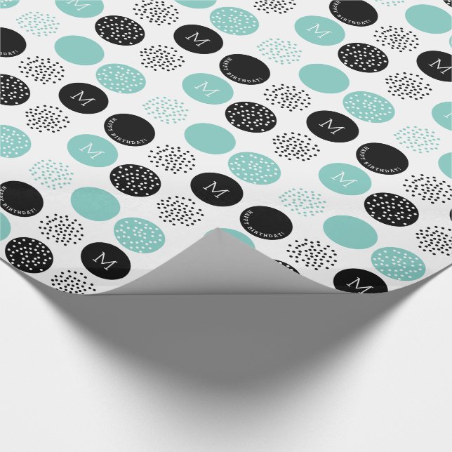 Happy Birthday Monogram Circles Aqua Dots Wrap Geschenkpapier (Ecke)