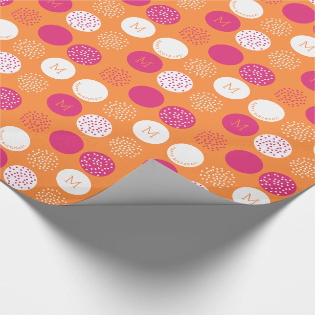 Happy Birthday Monogram Pink Orange Wrap Geschenkpapier (Ecke)
