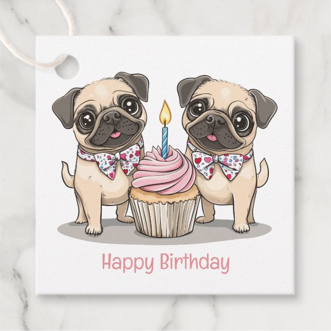 Happy Birthday Mops Hunde Cupcake Geschenkanhänger (Vorderseite)