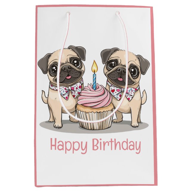 Happy Birthday Mops Hunde Cupcake Mittlere Geschenktüte (Vorderseite)
