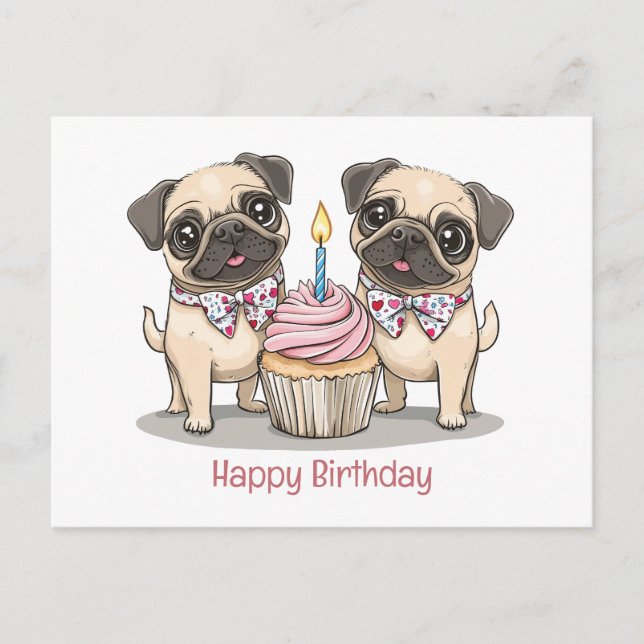 Happy Birthday Mops Hunde Cupcake Postkarte (Vorderseite)