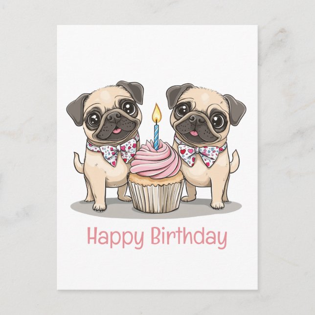 Happy Birthday Mops Hunde Cupcake Postkarte (Vorderseite)