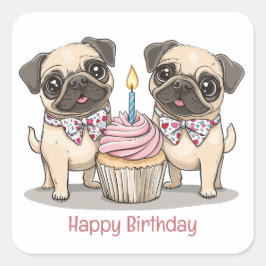 Happy Birthday Mops Hunde Cupcake Quadratischer Aufkleber