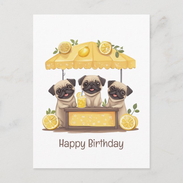 Happy Birthday Mops Hunde Lemonade Stand Postkarte (Vorderseite)
