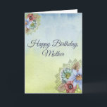 Happy Birthday Mother, Hübsche Pastel-Blume Karte<br><div class="desc">Diese feminine Blumengeburtkarte für Mutter hat eine Reihe von Blume in der unteren rechten und oberen links Ecke. Die vielen versteinerten Blume ähneln Gänseblümchen oder Sternen. Sie sind hellblau und staubfarben mit blassgelben Mittelpunkten. Es gibt einige Blätter, die eine leichte Bräune sind. Hinter den Blume liegt ein Haufen, um einen...</div>