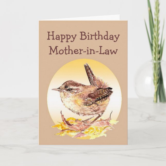 Happy Birthday Mother-in-Law Watercolor Wren Bird Karte (Vorderseite)