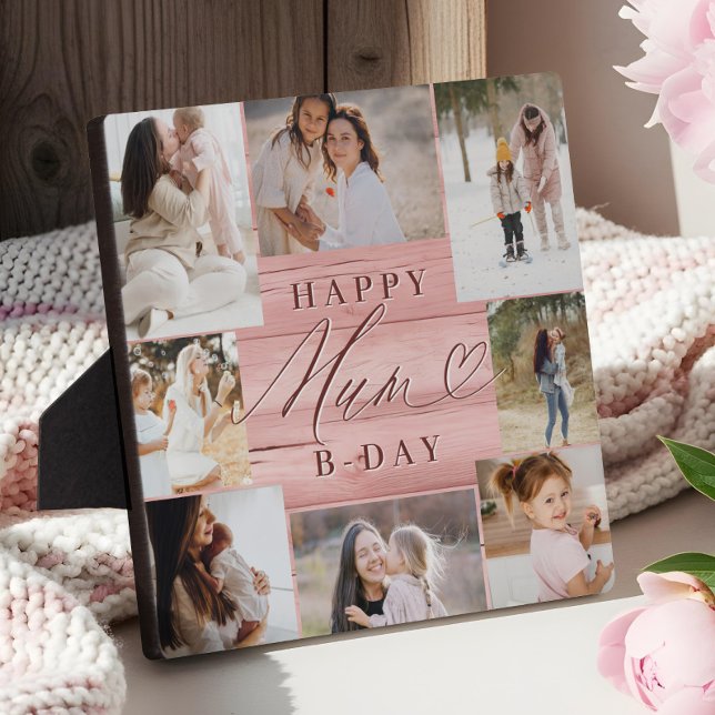 Happy Birthday Mum Foto Collage Pink Woodgrain Fotoplatte (Happy Birthday Mum Photo Collage Pink Woodgrain Plaque)