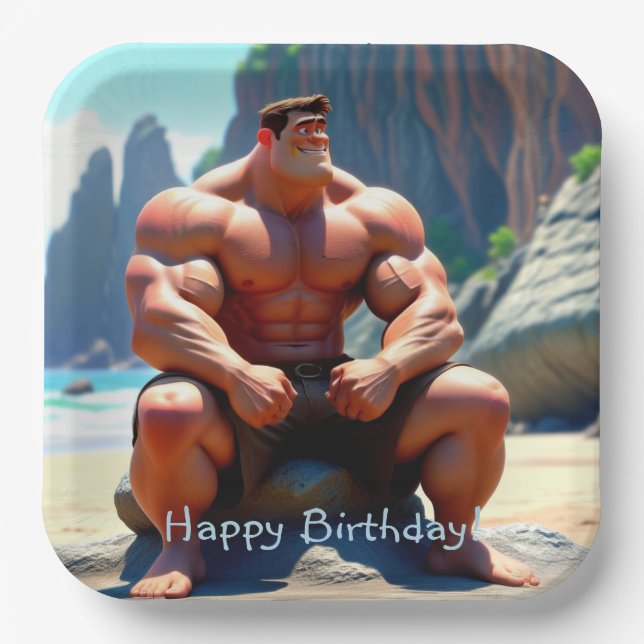 Happy Birthday Muscleman Pappteller (Vorderseite)