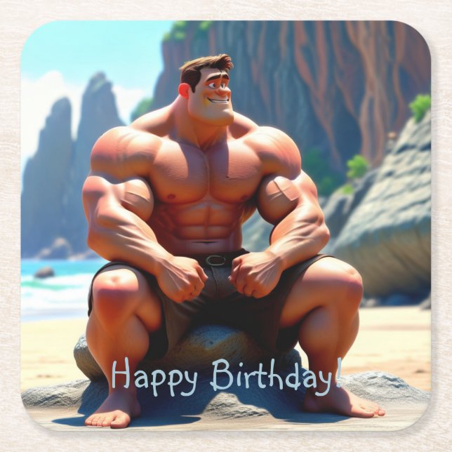 Happy Birthday Muscleman Rechteckiger Pappuntersetzer (Vorderseite)