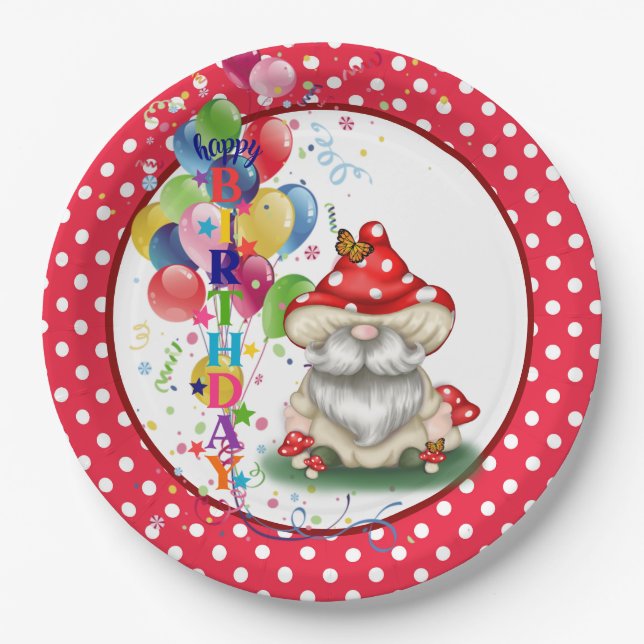 Happy Birthday Mushroom Gnome Paper Plate Pappteller (Vorderseite)