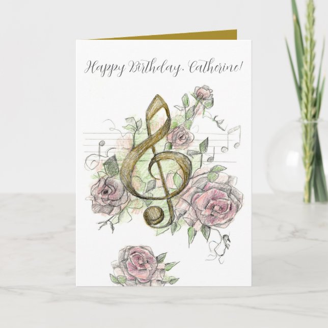 Happy Birthday Music Note Treble Clef Roses Custom Karte (Vorderseite)