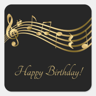 Happy Birthday Musical Notes Black&Gold Elegant Quadratischer Aufkleber