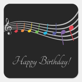Happy Birthday Musical Notes Black&Silver Elegant Quadratischer Aufkleber