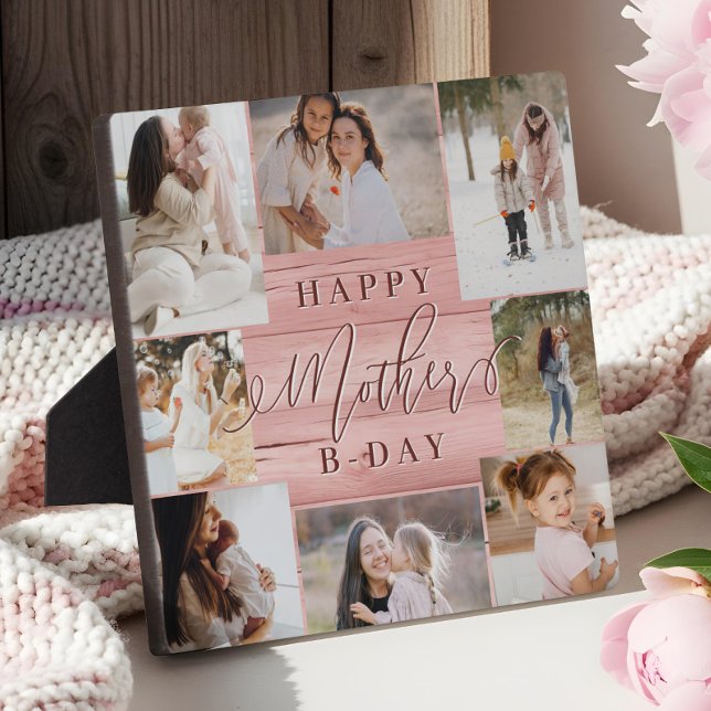 Happy Birthday Mutter Foto Collage Pink Woodgrain Fotoplatte (Happy Birthday Mother Photo Collage Pink Woodgrain Plaque)