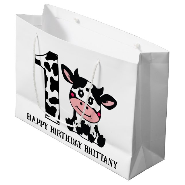 Happy Birthday Name Farm Kuh Kinder unisex Große Geschenktüte (Vorderseite Schrägansicht)