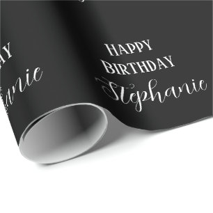 Happy Birthday Name Monogram Schwarz-weiß Modern Geschenkpapier