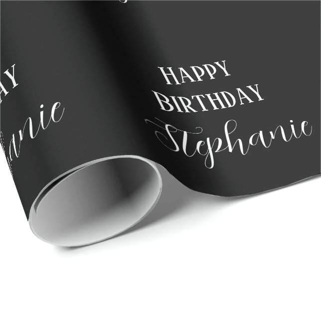 Happy Birthday Name Monogram Schwarz-weiß Modern Geschenkpapier (Rolleneckpunkt)