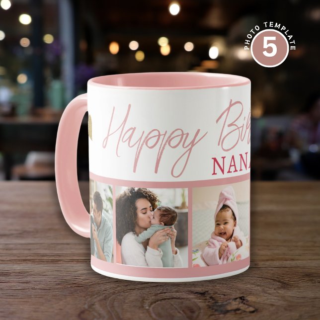 Happy Birthday Nana 5 Photo Collage Pink Tasse (Von Creator hochgeladen)