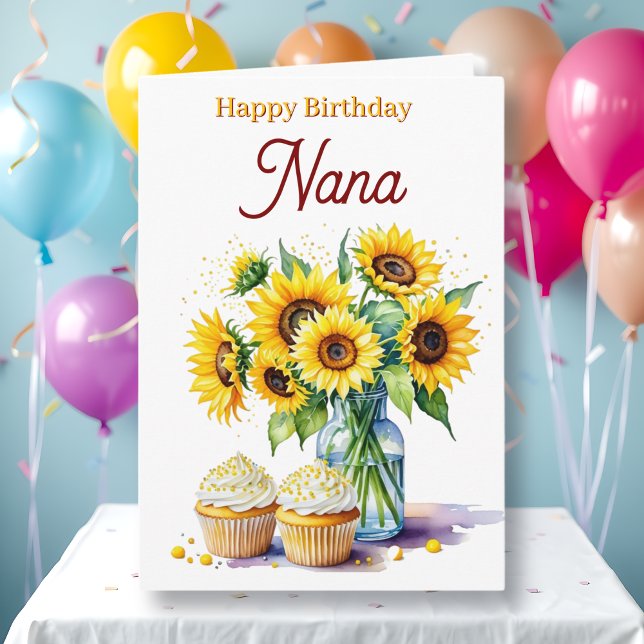 Happy Birthday Nana | Sunflowers and Cupcakes Karte (Von Creator hochgeladen)
