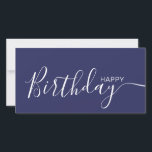 Happy Birthday Navy Blue White Modern Flat Card<br><div class="desc">Diese moderne und elegante Flachbild-Karte mit weißem Happy Birthday-Text auf der Vorderseite und auf der Rückseite personalisieren Sie ihn mit Ihrem Namen oder Familiennamen. Der Hintergrund ist marineblau.</div>