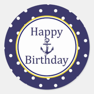 Happy Birthday Navy sticker,- Nautical Yellow - Runder Aufkleber