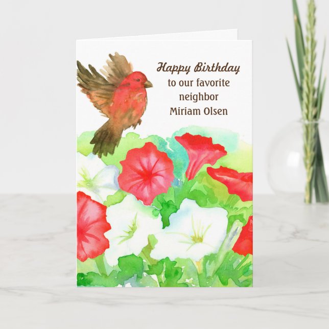 Happy Birthday Neighbor Red Petunias Finch Bird Karte (Vorderseite)