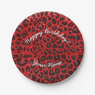 Happy Birthday Neon Red Glitzer Leopard Pappteller